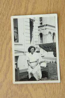 Sonia Hopkins outside the Carlton Hotel, Folkestone 1951.