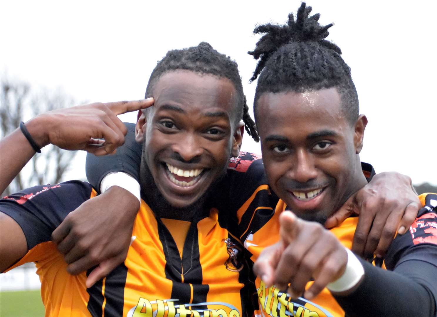 Two-goal Ibrahim Olutade and team-mate Ira Jackson during Folkestone's 3-2 win over Isthmian Premier strugglers Corinthian-Casuals. Picture: Randolph File