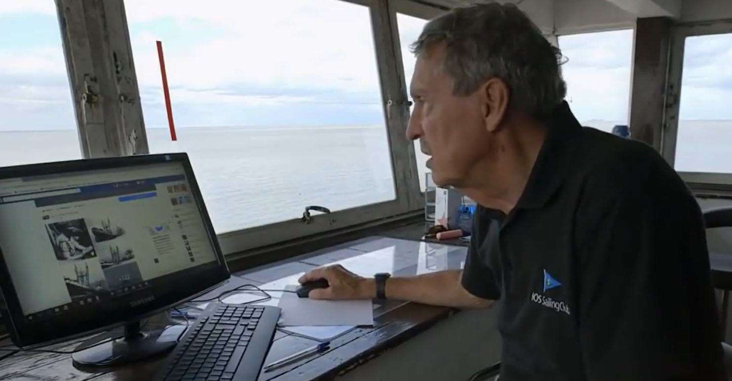 Wreck-watcher Tim Bell in the control tower of the Isle of Sheppey Sailing Cub. Picture: NDR