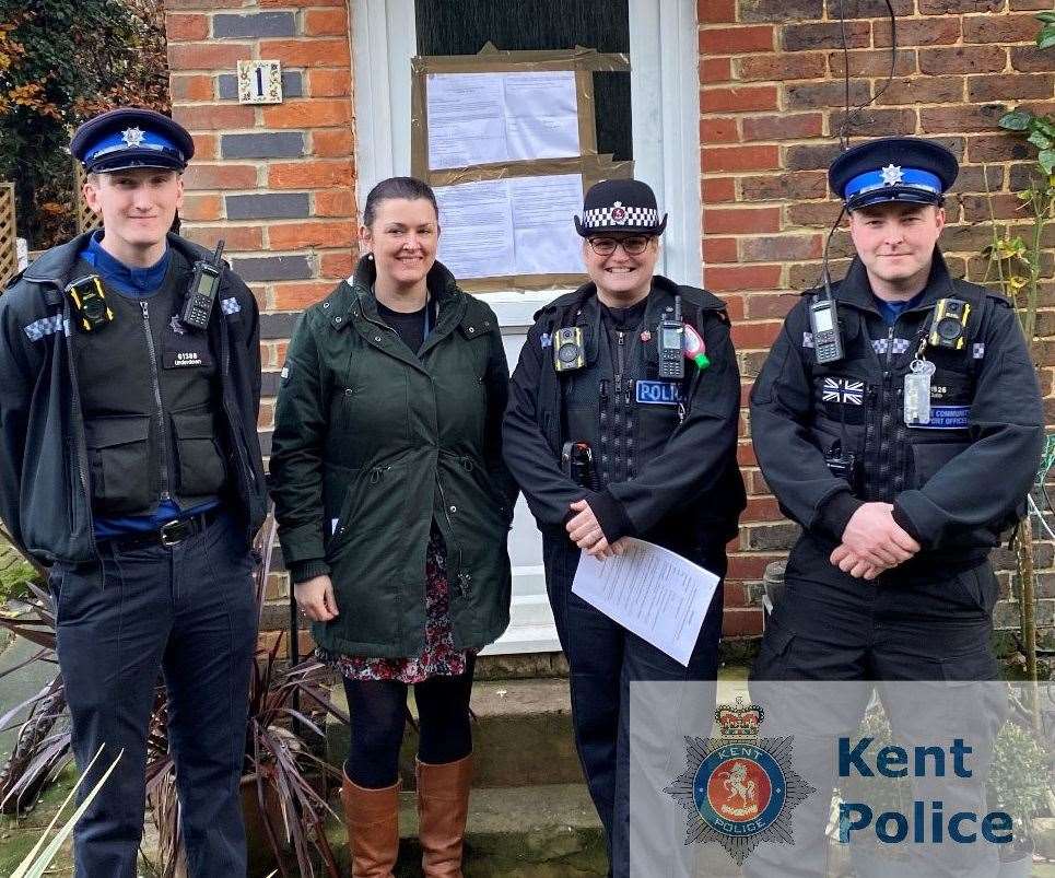 Officers outside the house in Kibbles Lane, Soutborough, which received more than 120 calls about anti-social behaviour Pic: Kent Police