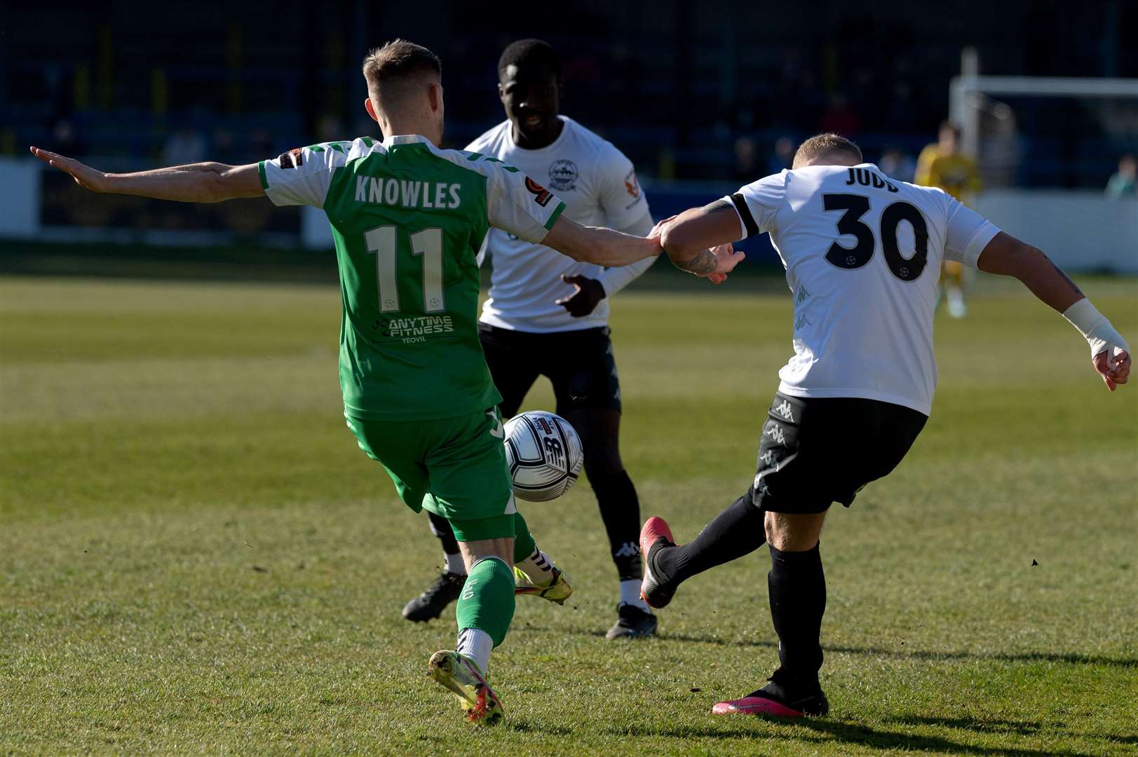 Dover's Myles Judd and Yeovil's Tom Knowles both go for the ball at Crabble. Picture: Stuart Brock