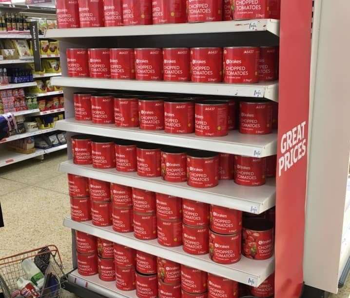 Giant tins of chopped tomatoes on sale in Sainsbury's in Kent. Picture: Brakes / Twitter
