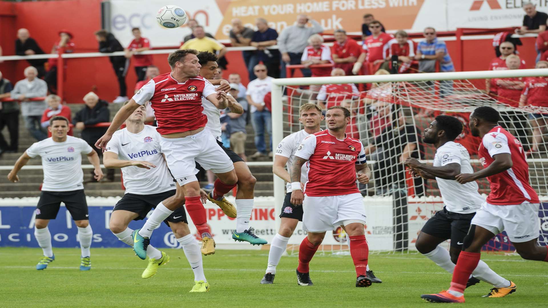 Andy Drury up for a header against AFC Fylde Picture: Andy Payton