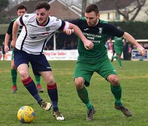 Cray Valley (green) in action during their FA Vase quarter-final win at Willand Rovers. Picture: CVFC
