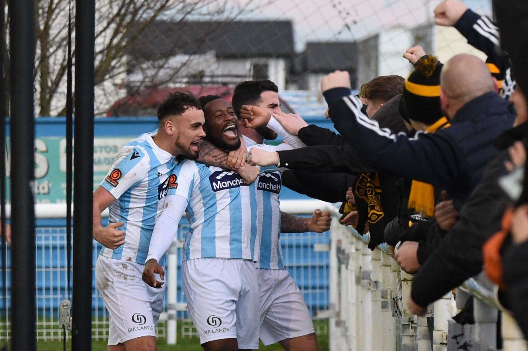 Maidstone, celebrating Christie Pattisson's goal at Concord, are second in National South under Hakan Hayrettin Picture: Steve Terrell