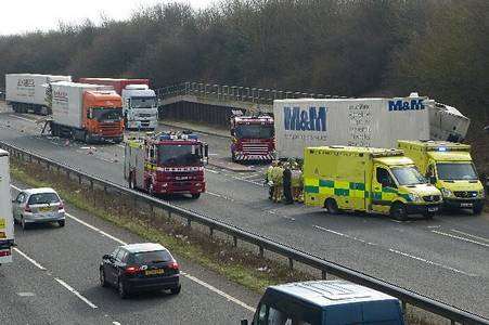 An air ambulance landed after the crash on the A20 near Capel-Le-Ferne