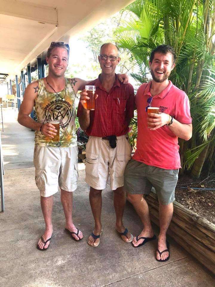 Josiah (right) having one last beer before setting sail with Anthony Martin (left) and Wyn Burger (centre) (3934687)