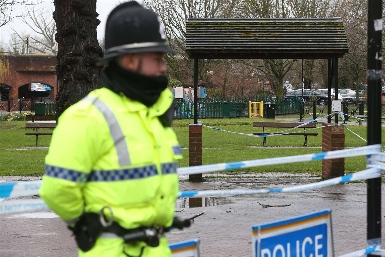 A police officer at a cordon near the Maltings in Salisbury where Russian double agent Sergei Skripal and his daughter Yulia were found on a bench (Jonathan Brady/PA)