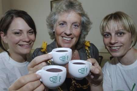Liz O'Hanlon and Laura Thornton enjoy a coffee with Mayor of Maidstone, Cllr Denise Joy. Picture: John Wardley