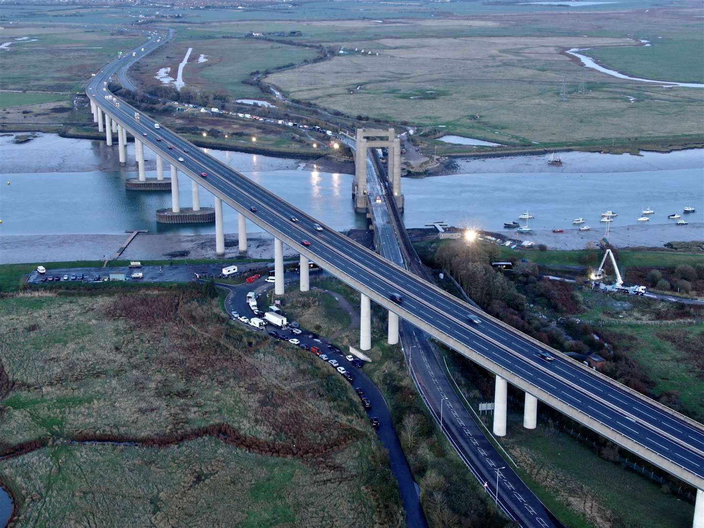 Filming of the ITV drama Too Close on the Kingsferry Bridge, Sheppey. Drone photo: Phil Drew