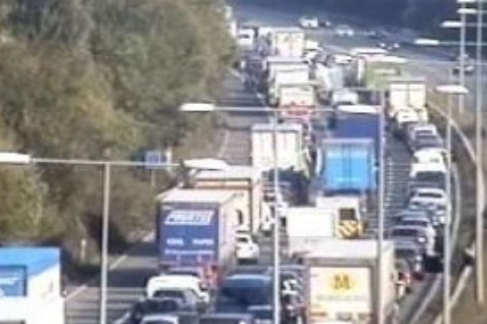 Traffic at a standstill on the M20 coastbound at Wrotham this afternoon. Picture: Highways England traffic camera