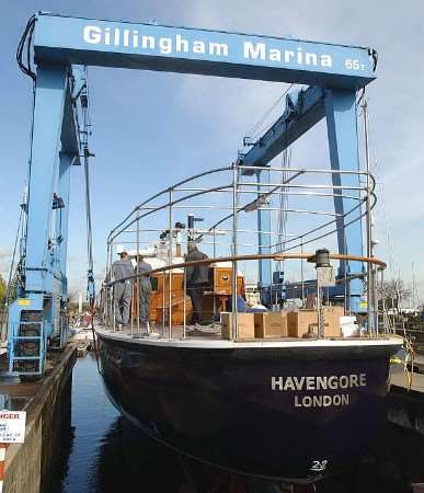 The Havengore is lifted back into the water after the refit at Gillingham Marina. Picture: BARRY CRAYFORD