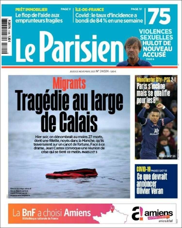 The front page of today's Le Parisien reads "Tragedy off the coast of Calais"
