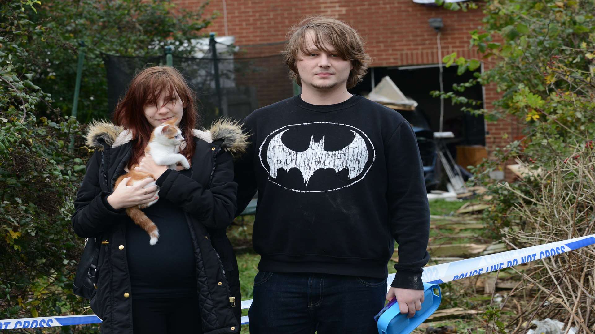 Katie Ashton and her partner Davey Bailey, with kitten Kit Kat, were in the house at the time of the crash