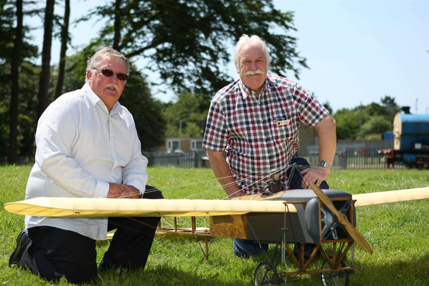 Creator Peter Paine and Martin Young, the chairman of the Harriet Quimby centenary project with the Bleriot model.