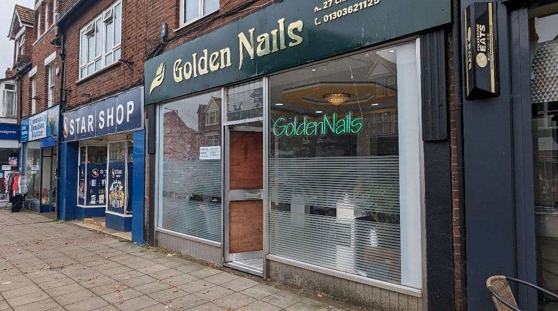 The door to Golden Nails in Cheriton High Street was smashed during a disturbance