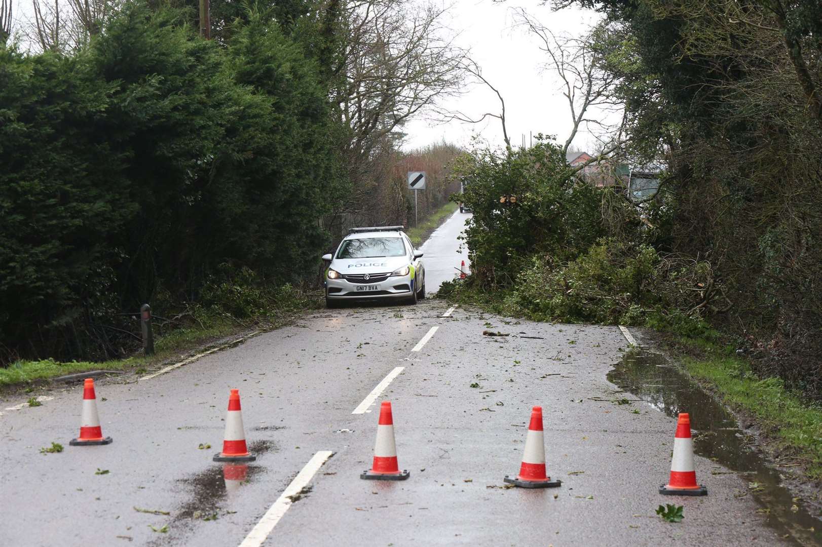 Headcorn Road in Biddenden where a tree has been blown down due to Storm Dennis