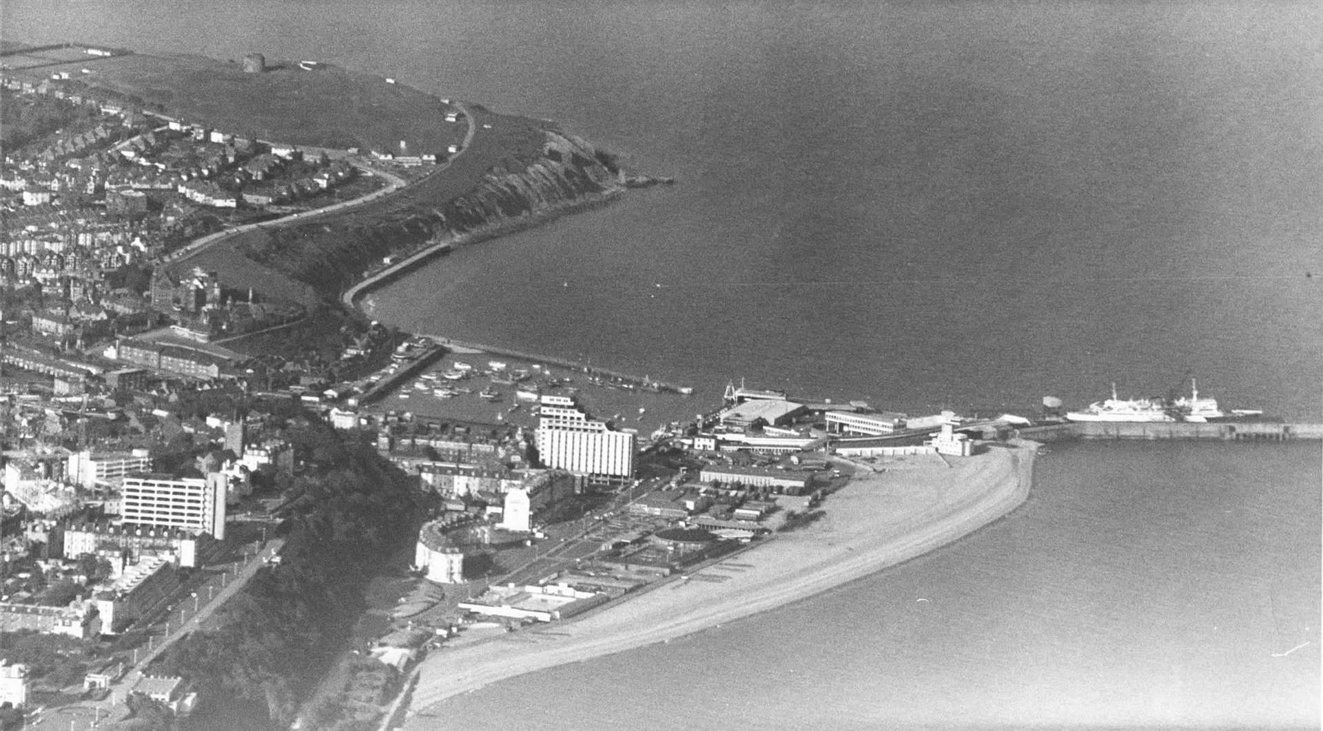 Looking down on Folkestone in 1975. The old ferry terminal can be seen, along with the now-demolished Rotunda site down near the seafront