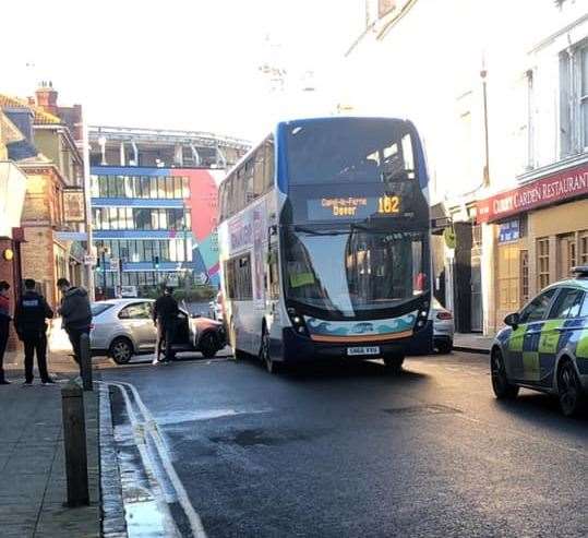 A taxi and bus have crashed. Photo: Henry Hobbs