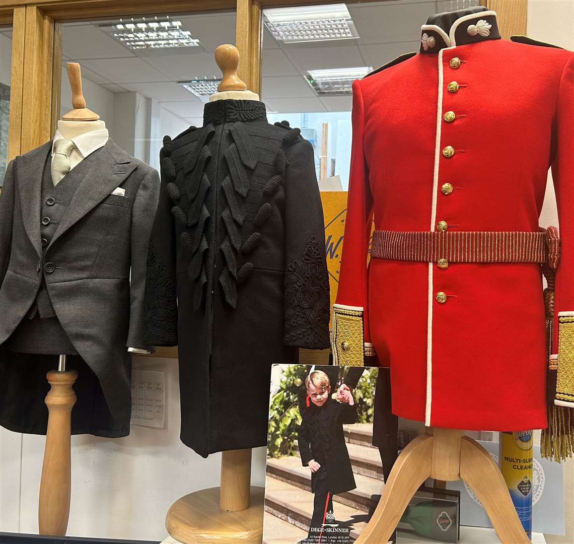 An elaborate tunic (centre) worn by Prince George when he was a page boy at Prince Harry and Meghan Markle's wedding in 2018
