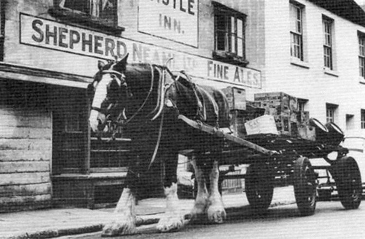 Charley, outside the Castle Inn in the 1950s, was the last dray-horse used by Shepherd Neame. Picture: dover-kent.com