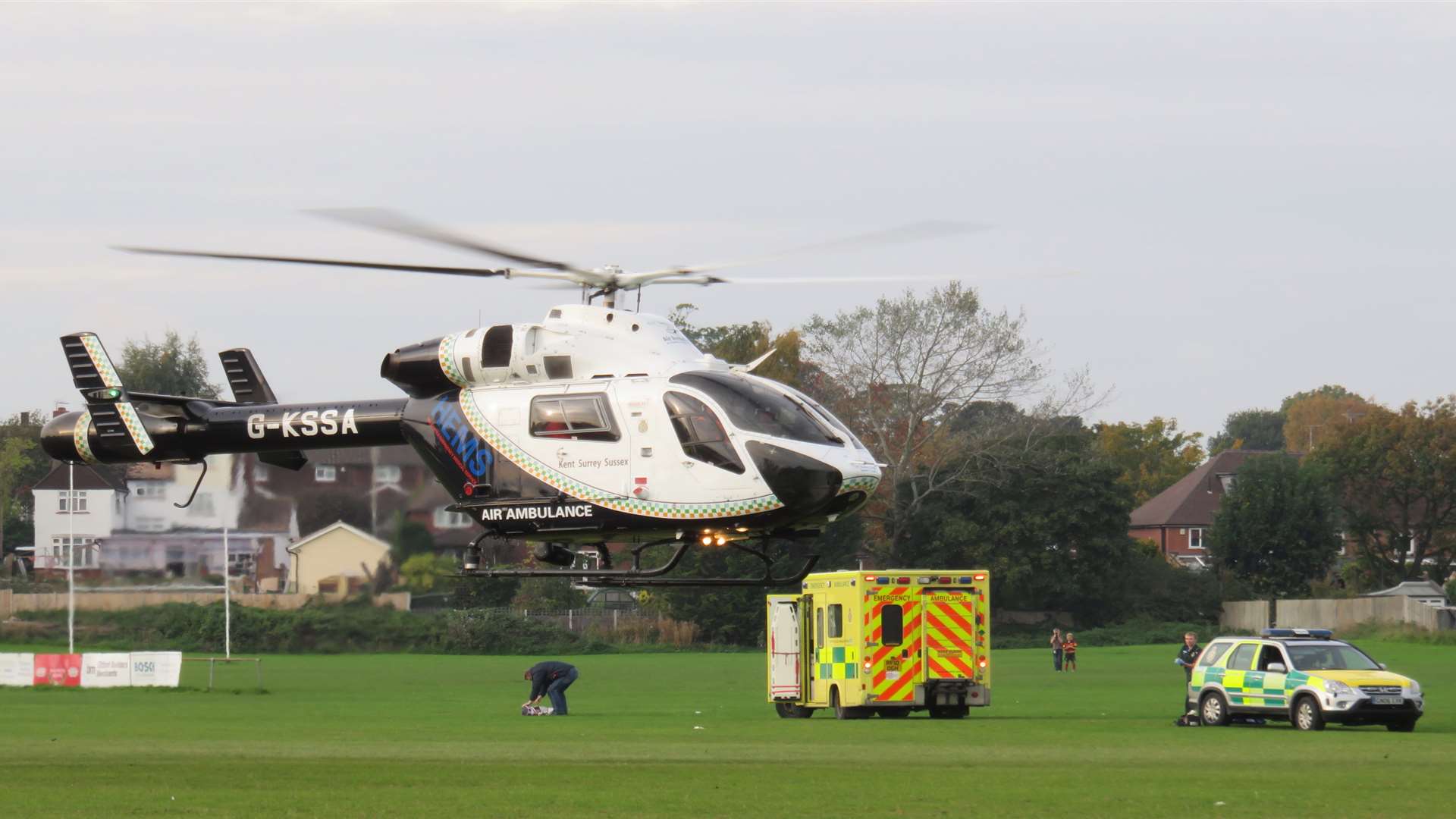 The helicopter and ambulances at the rugby field in Kinney's Lane. Pic by Andrew Clark