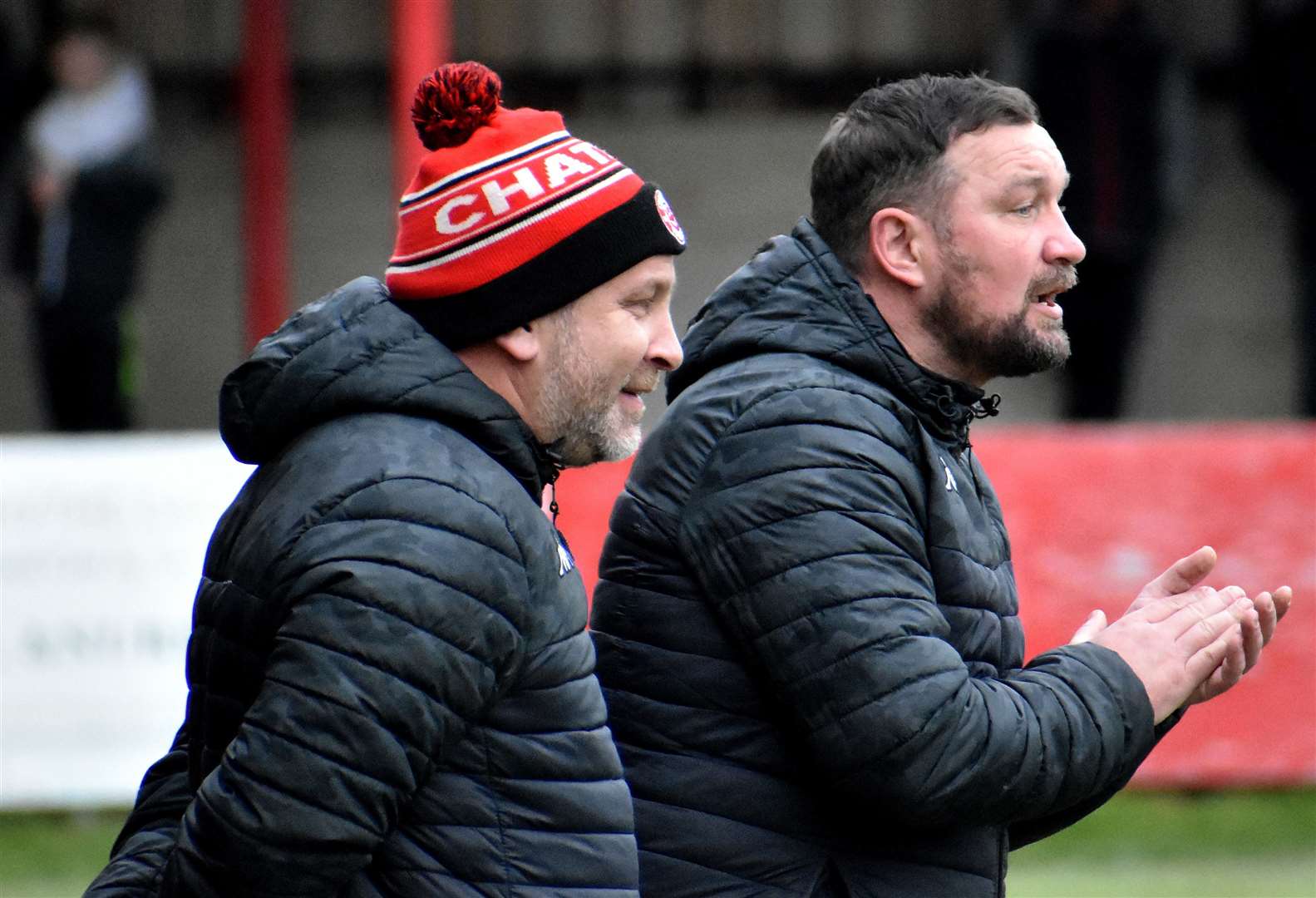 Chatham Town manager Kevin Hake alongside player-assistant boss Danny Kedwell, who got his first of the season on Saturday Picture: Randolph File