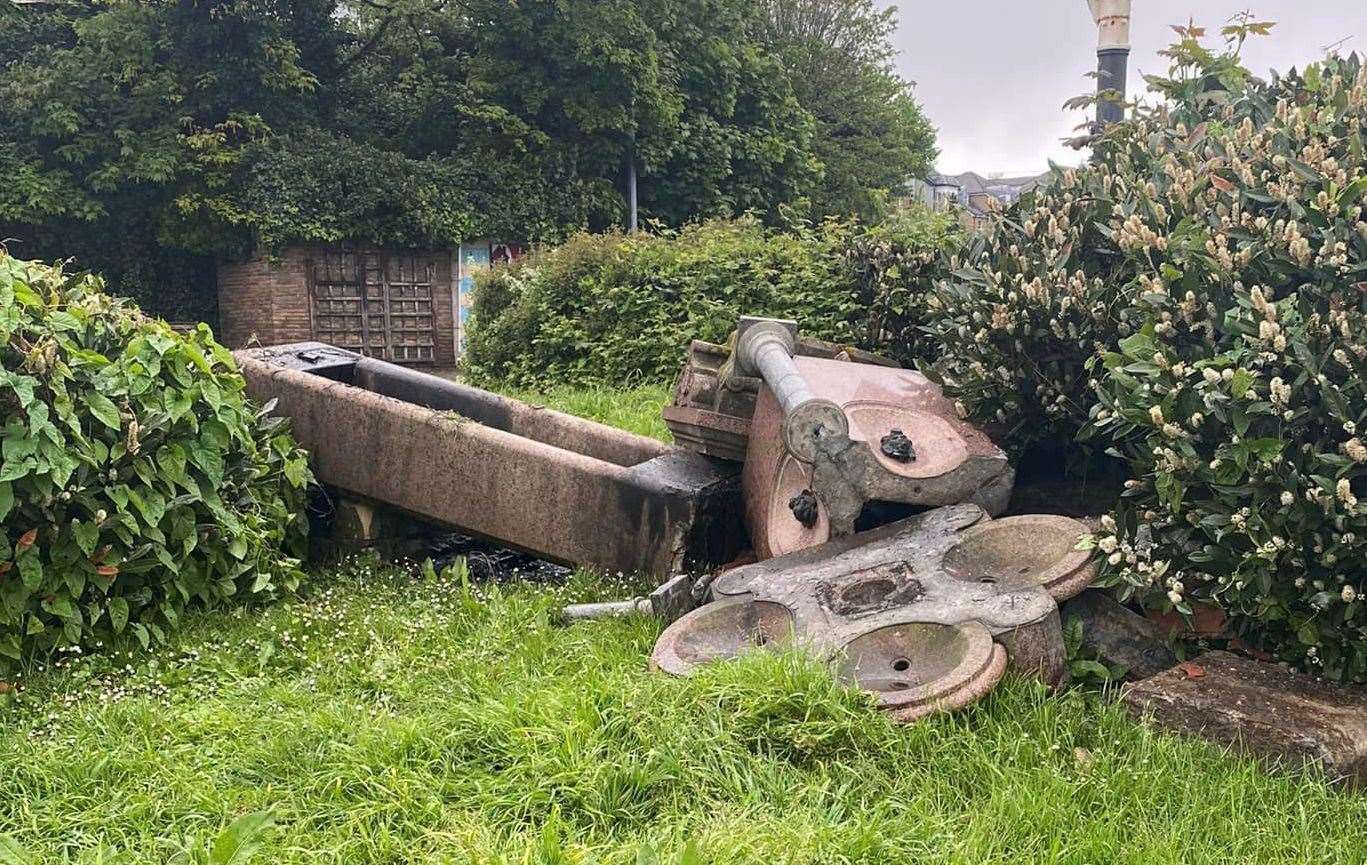 The wrecked horse trough on the Echo Square roundabout in Gravesend. Picture: Andrea Warren