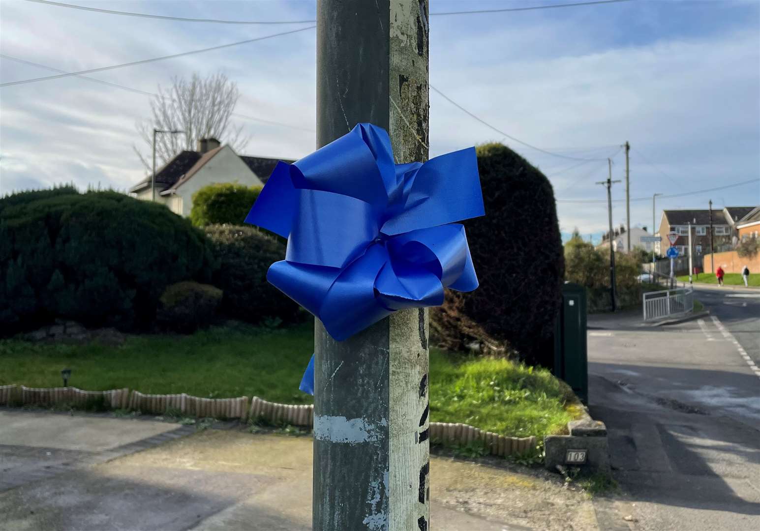 Blue ribbons have been stuck up around the village for Liam Graham's funeral