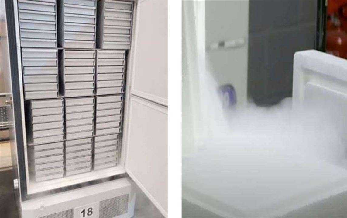 The ultra-low freezers and and the dry-ice-packed delivery containers. Images: PA/Public Health England