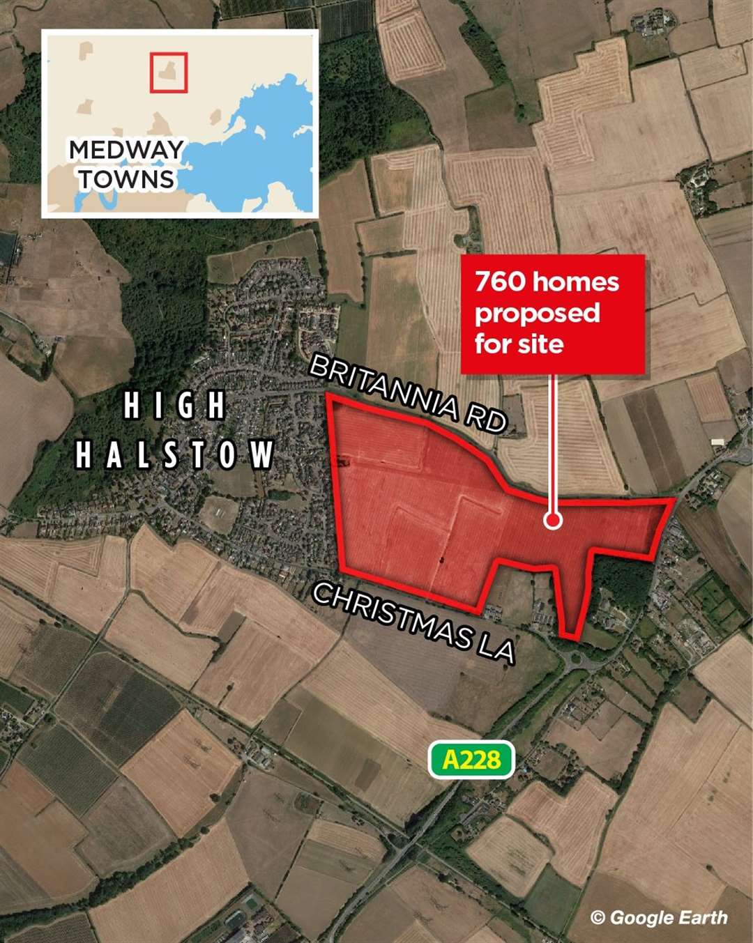 The 760 new homes proposed by Redrow would be built on the land between Sharnal Street, Christmas Lane and Britannia Road in High Halstow