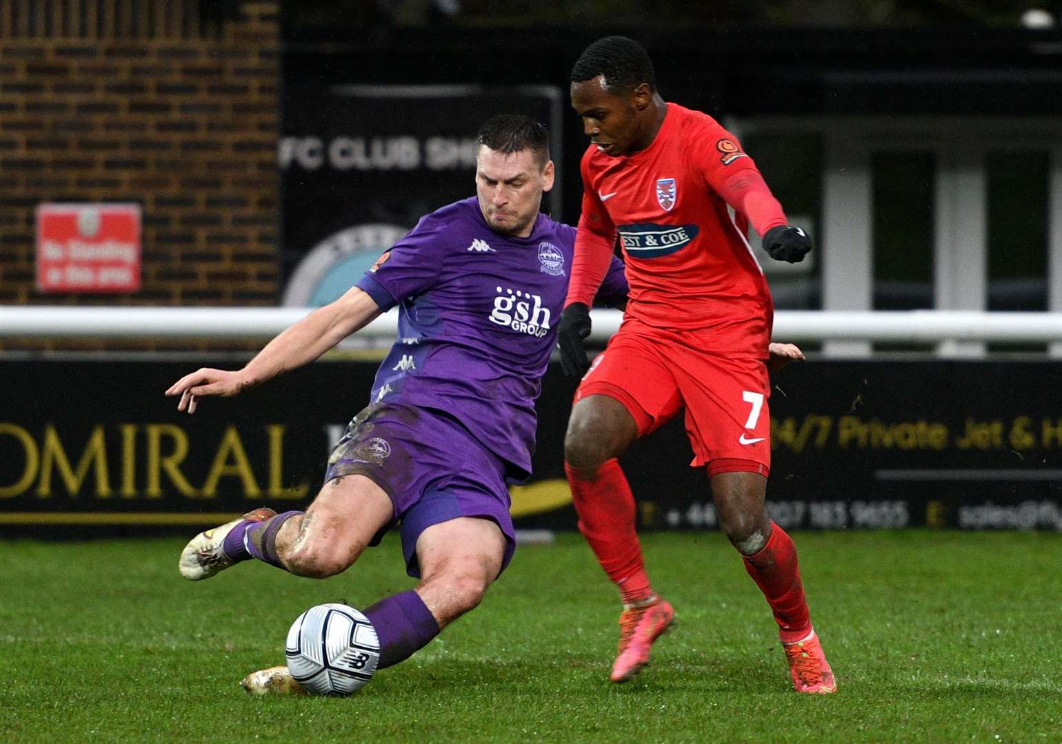 Dover defender Jake Goodman (purple) in action for Dover has joined Sittingbourne on loan from Folkestone Picture: Barry Goodwin