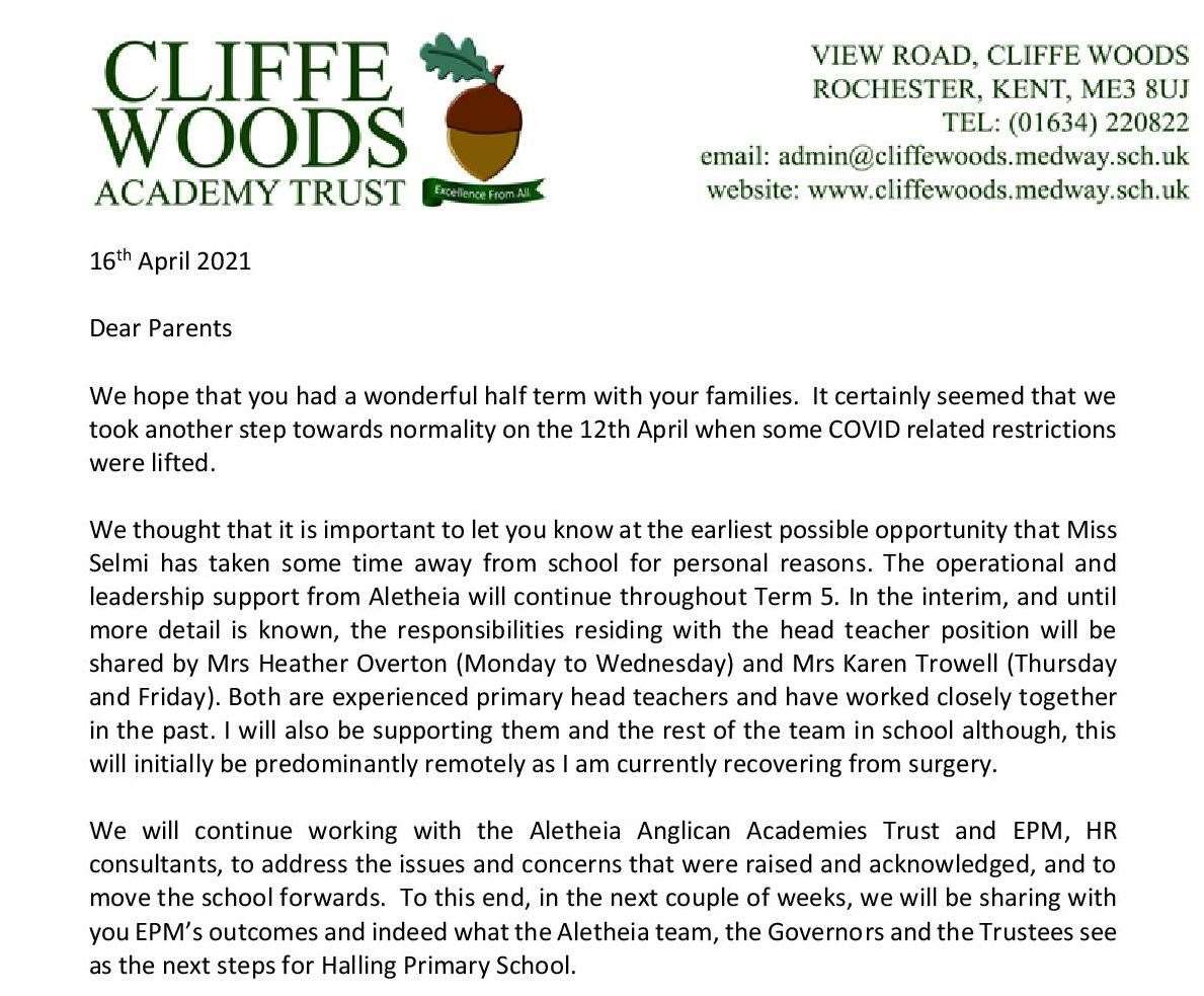 The letter sent to parents at Halling Primary School