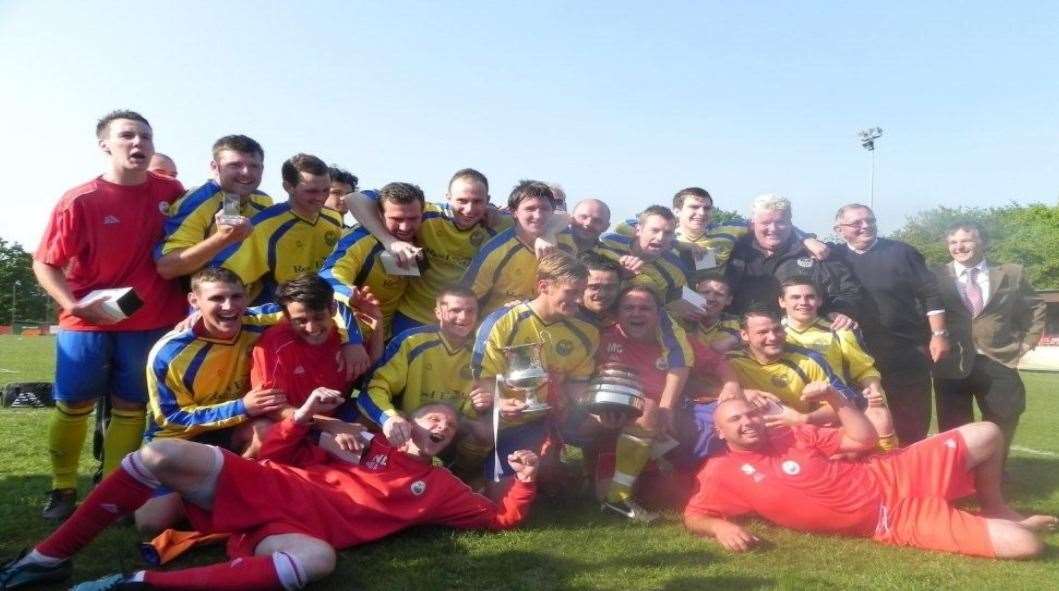 Hythe Town celebrating their title win at Tunbridge Wells Picture: Hythe Town FC (35513360)