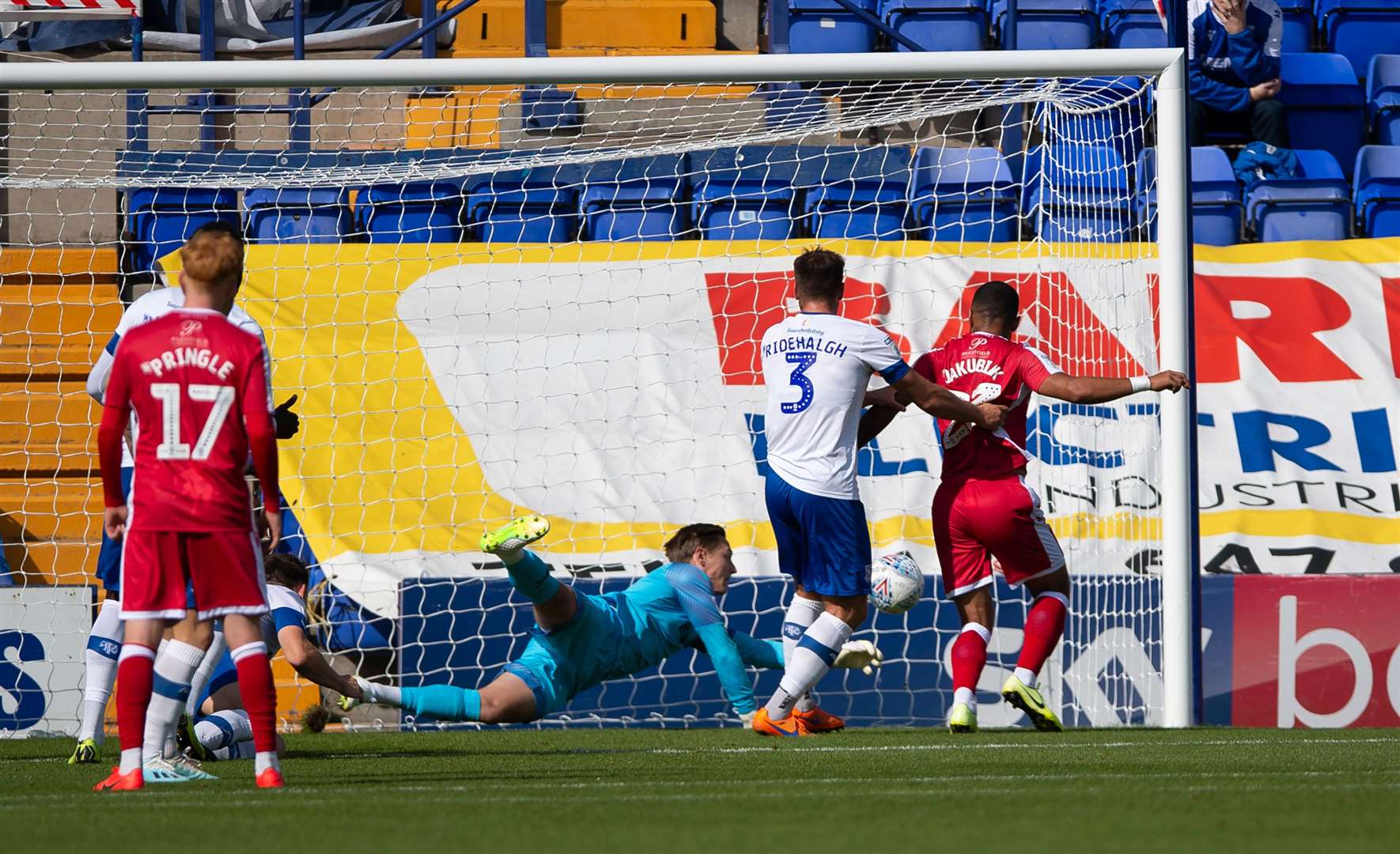 Alex Jakubiak was credited with this goal at Tranmere even though captain Max Ehmer was claiming it Picture: Ady Kerry