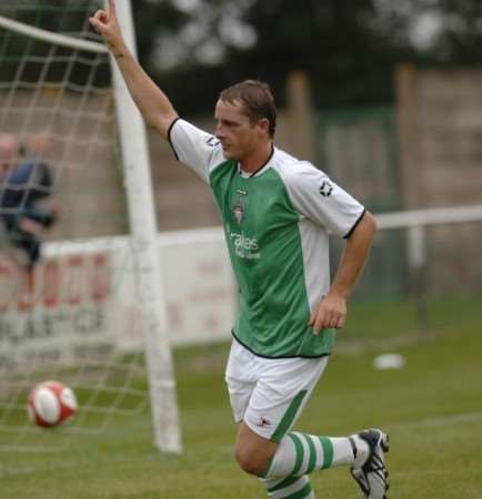 Bradley Spice celebrates the second of his two goals against Whitstable on Monday