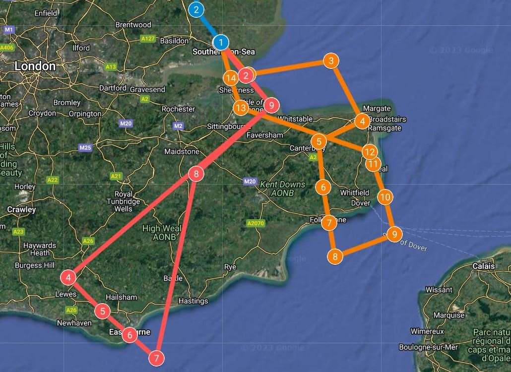 The flight path for the Red Arrows over Kent today. Picture: military-airshows.co.uk