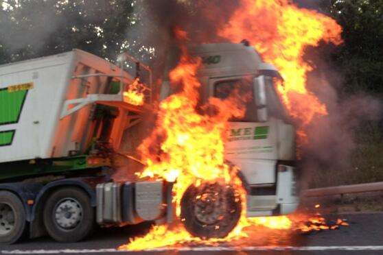 The cab of the lorry on fire on the M25 near Swanley. Picture: @brocky74