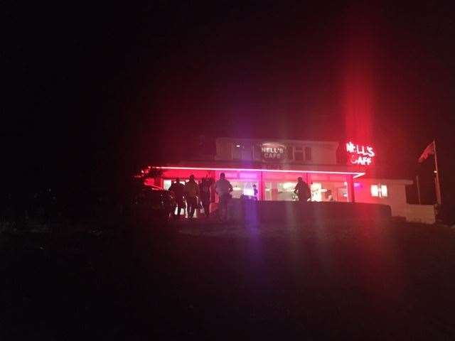 Nell's Cafe is lit up red for the Sky One production Temple