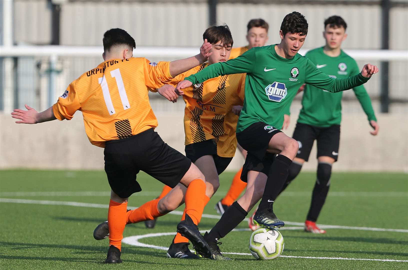 Vinters Park under-15s (green) on the ball against Orpington Mustangs under-15s. Picture: PSP Images