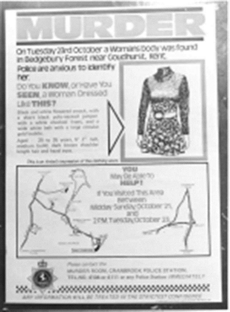 One of thousands of posters released after the Bedgebury Forest murder in 1979