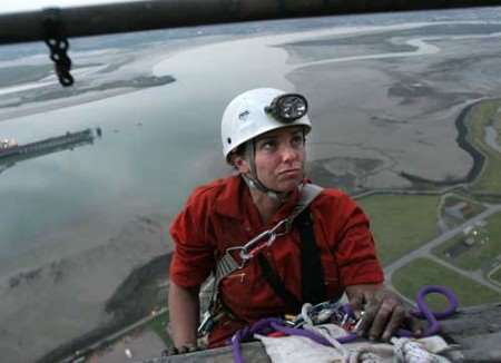 A Greenpeace activist prepares to descend the 200m tower. Pictures courtesy Daphne Christelis