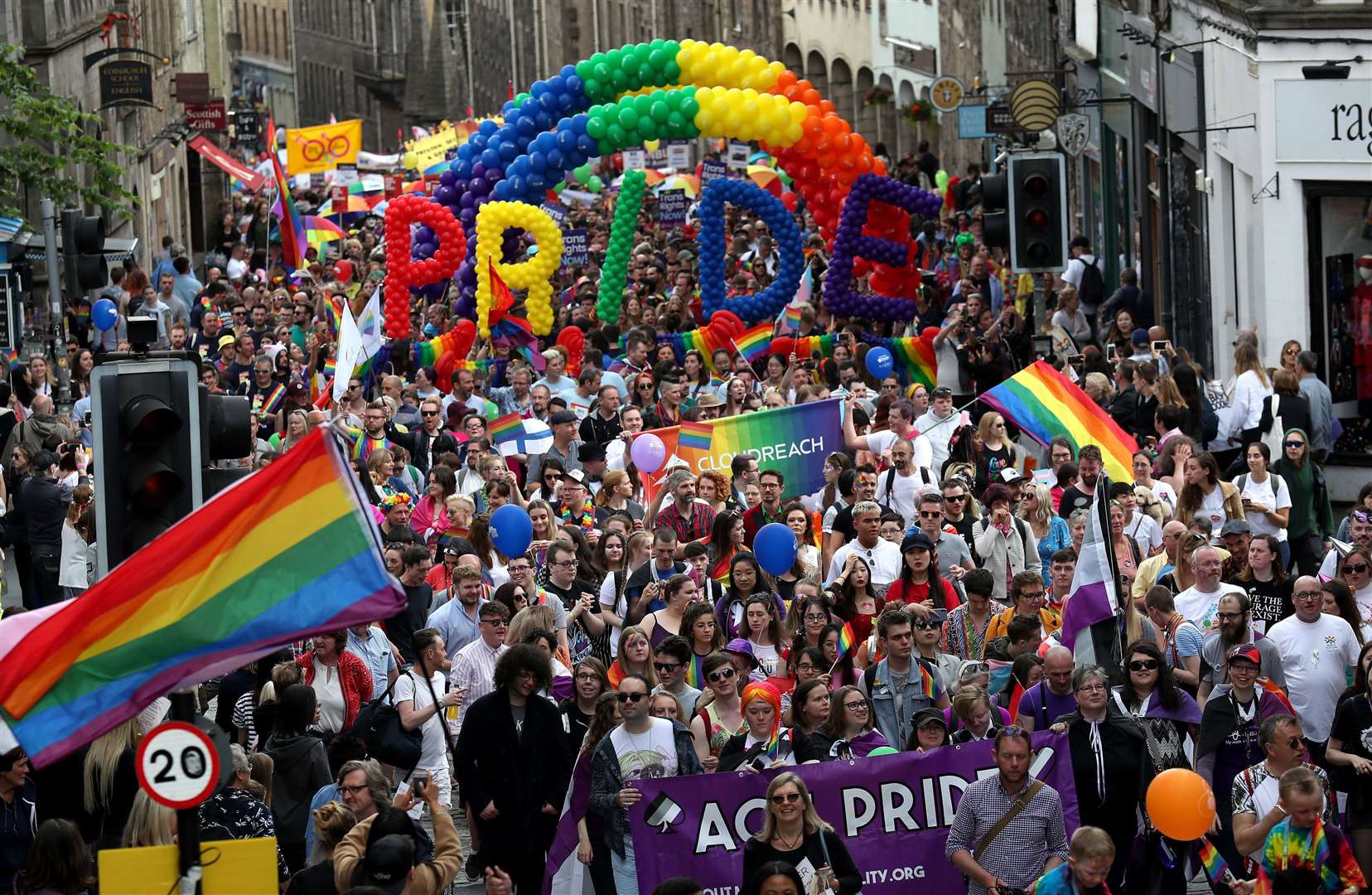 Pride marchers in the Royal Mile in Edinburgh (Andrew Milligan/PA)