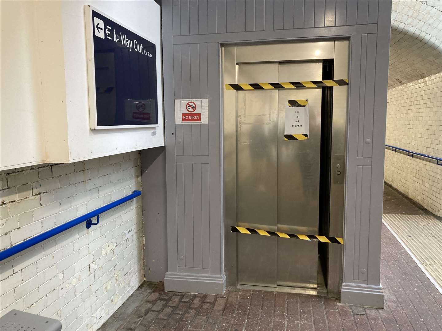 The other lift at Faversham train station, which currently also bears an 'out of order' sign