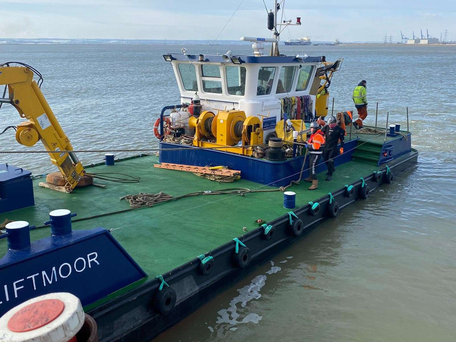 The sunk Gypsy Lea fishing boat being lifted by the Whitstable Marine Services' £1.9m Liftmoor floating crane. Picture: Whitstable Marine Services