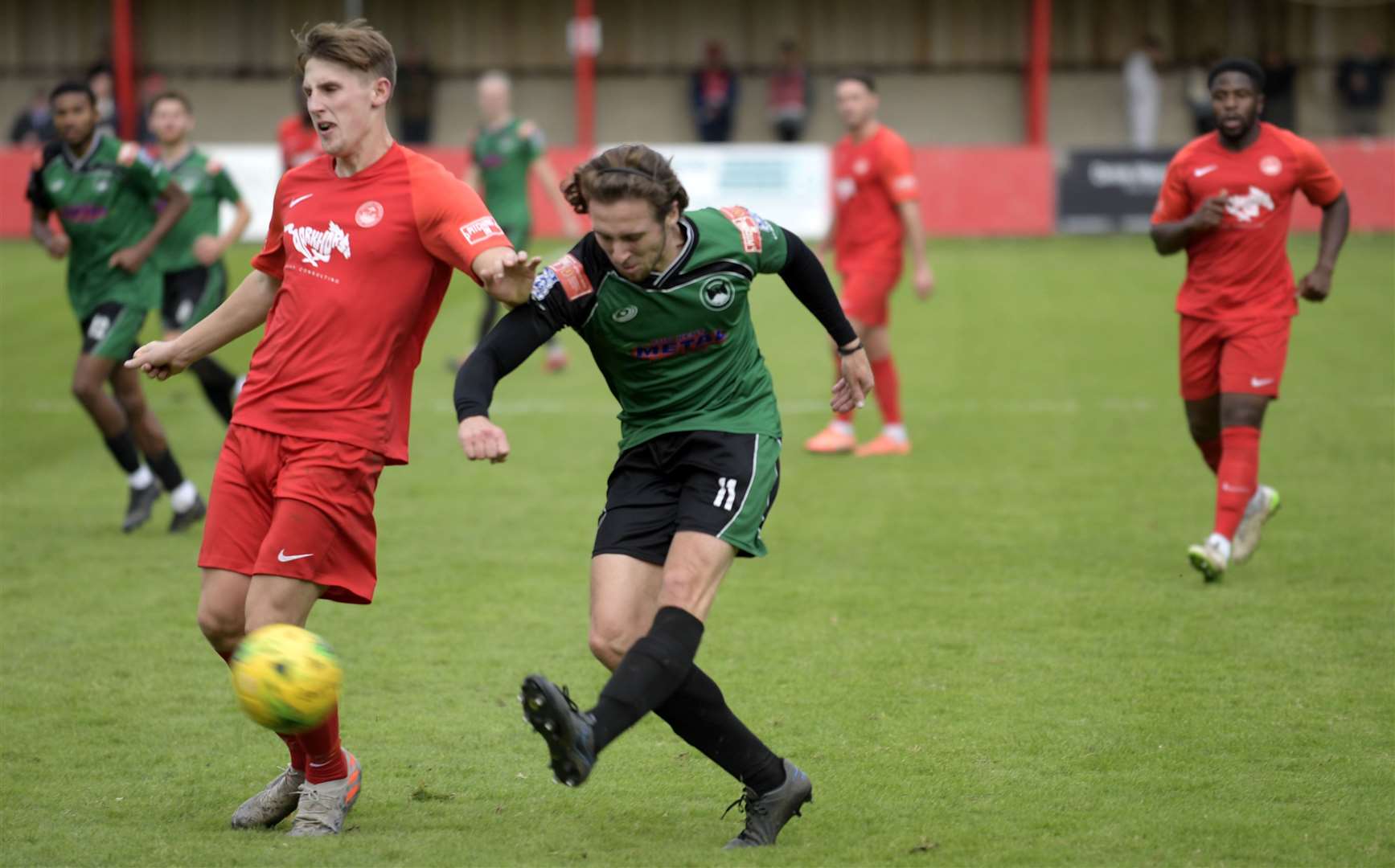 Isthmian League sides Phoenix Sports and Hythe Town in action earlier this season - have they played their last games of the campaign? Picture: Barry Goodwin (42535923)