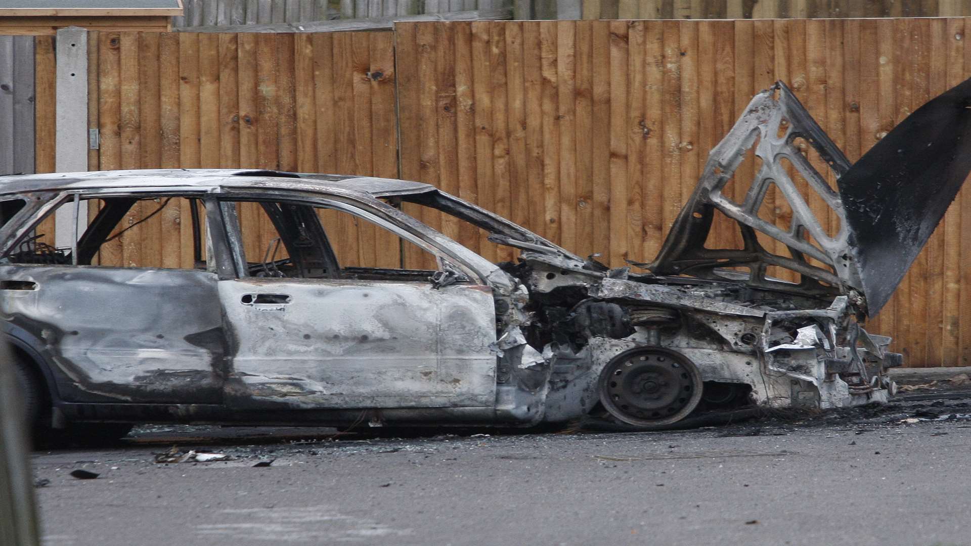 The charred remains of Vicky's car. Picture: The Sun/Gary Stone