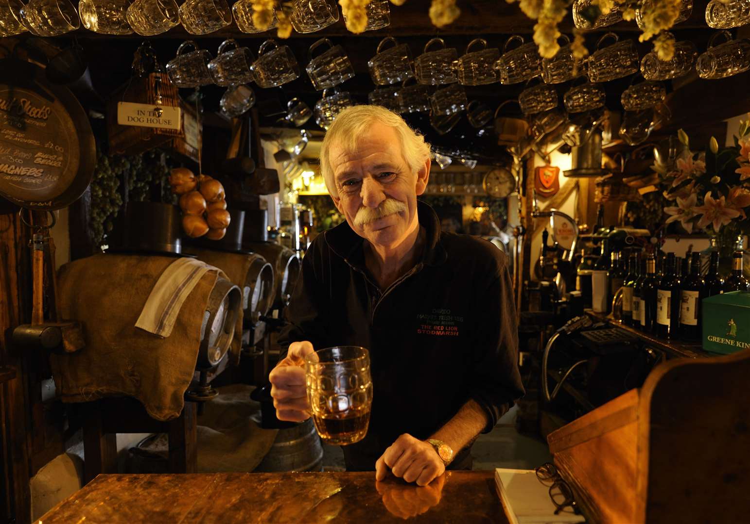 Much-loved former landlord of the Red Lion in Stodmarsh, Robert Whigham, pictured in October 2009, when he told Channel 4 documentary makers how he drank 15 pints of beer a day, with the first "sharpener" as early as 8am. Robert sadly died in 2016, and the pub, near Canterbury, was suddenly closed in September 2022. Picture: Channel 4