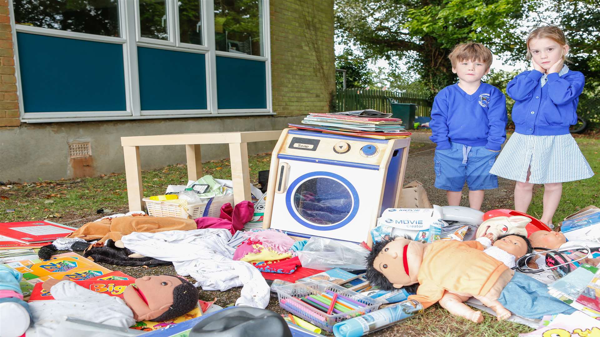 Pupils William and Esther Henley with some of the damaged equipment. Picture: Matthew Walker