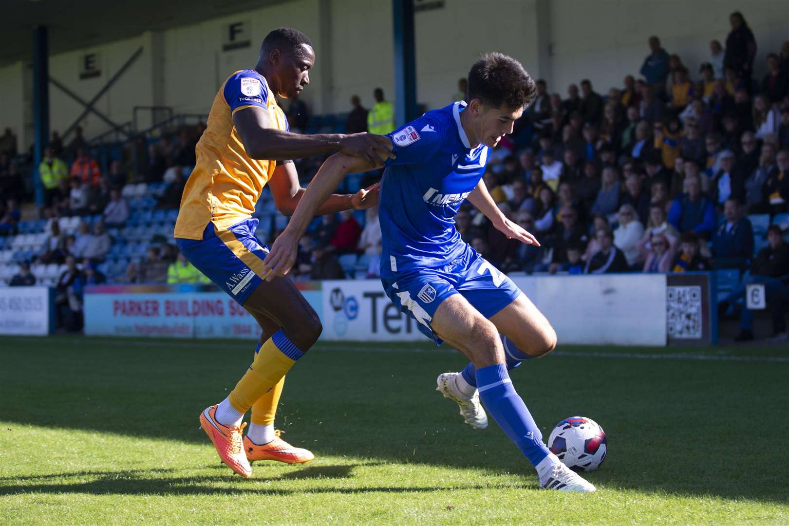 Elkan Baggott holds off a Mansfield player last Saturday. He's on international duty with Indonesia Picture: KPI